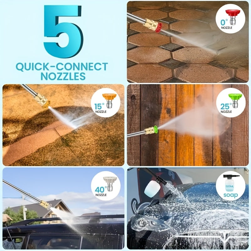 Wireless High-pressure Cleaner with Rechargeable Battery, Available in 1-battery or 2-battery Options. Battery-powered, Suitable for Cars, Yards, Driveways, and Gardens. Features a Green Stainless Steel Foam Nozzle. Portable Electric Car Wash Tool