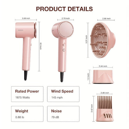 Diffuser Hair Dryer for Curly Hair 1875W Ionic Blow Dryer - Lightweight Compact Professional Frizz Control Fast Drying Styling Tool for Women Men Gray White