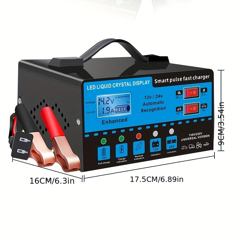12V And 24V Intelligent Universal Battery Charger Inverter, with LCD Display Intelligent Maintenance Overcharge And Short Circuit Protection, Suitable for Intelligent Trickle Charging Maintenance of Various Cars, Yachts, And Batteries