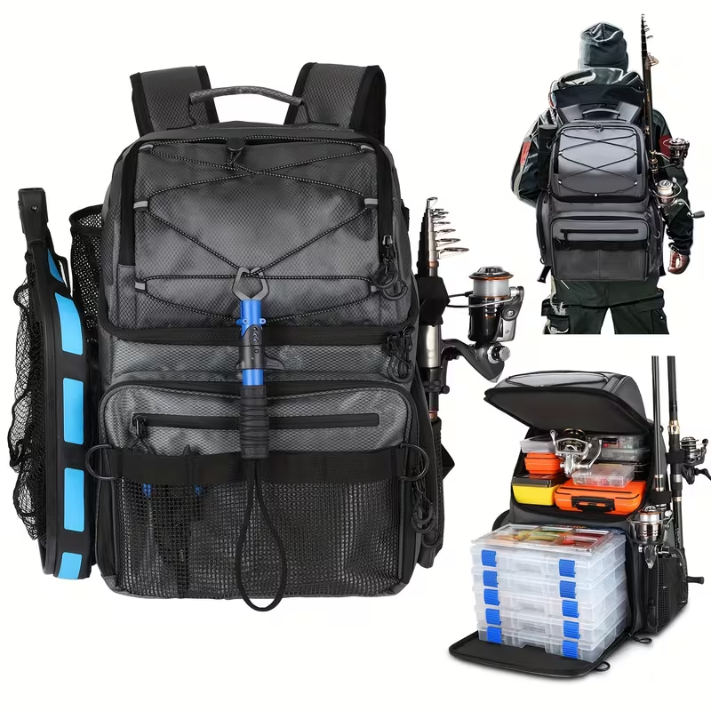 Waterproof Fishing Rod Backpack 42L – Built-In Rod Tube, 16 Pockets & Insulated Cooler Option | Black, Camo, Khaki, Gray
