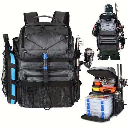 Waterproof Fishing Rod Backpack 42L – Built-In Rod Tube, 16 Pockets & Insulated Cooler Option | Black, Camo, Khaki, Gray
