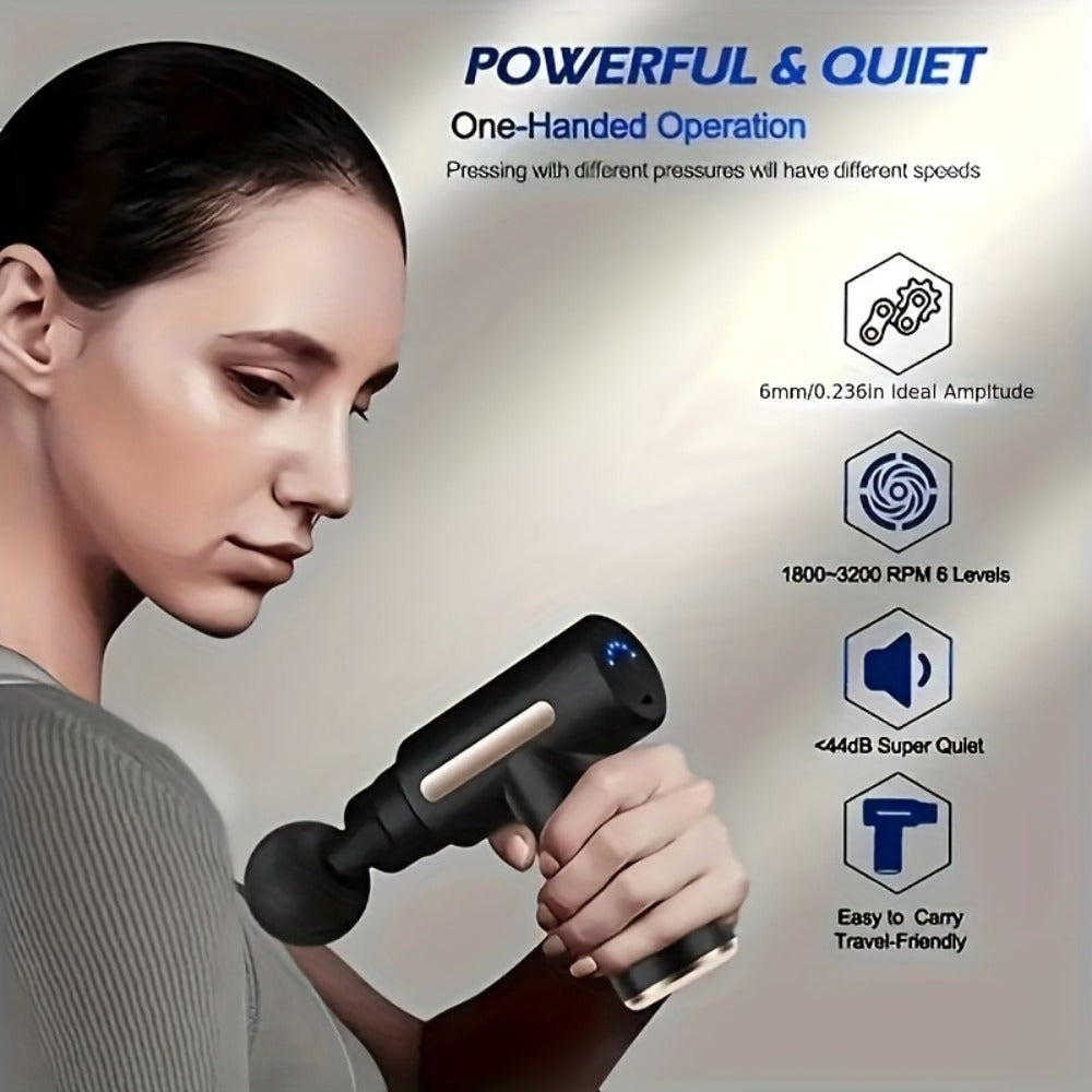 Portable Mini Fascia Gun – USB Rechargeable Muscle Massage Gun with 4 Interchangeable Heads & 6 Speed Modes, Silent Motor Deep Tissue Massager for Back, Neck & Full Body Sports Recovery