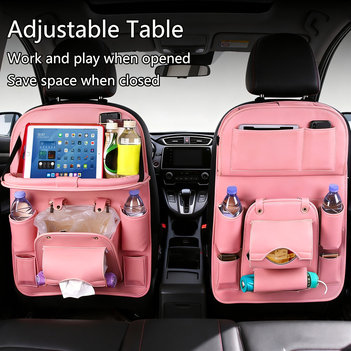 QIANKUNBAG Car Back Seat Organizer with Foldable Tray Interior Tissue Holder, Footrest Protector, And Multi-Pocket Hanging Storage Bag - Durable PU Fabric for Shopping & Essentials Car Seat Organizatio(Pink Black Grey Brown Beige)