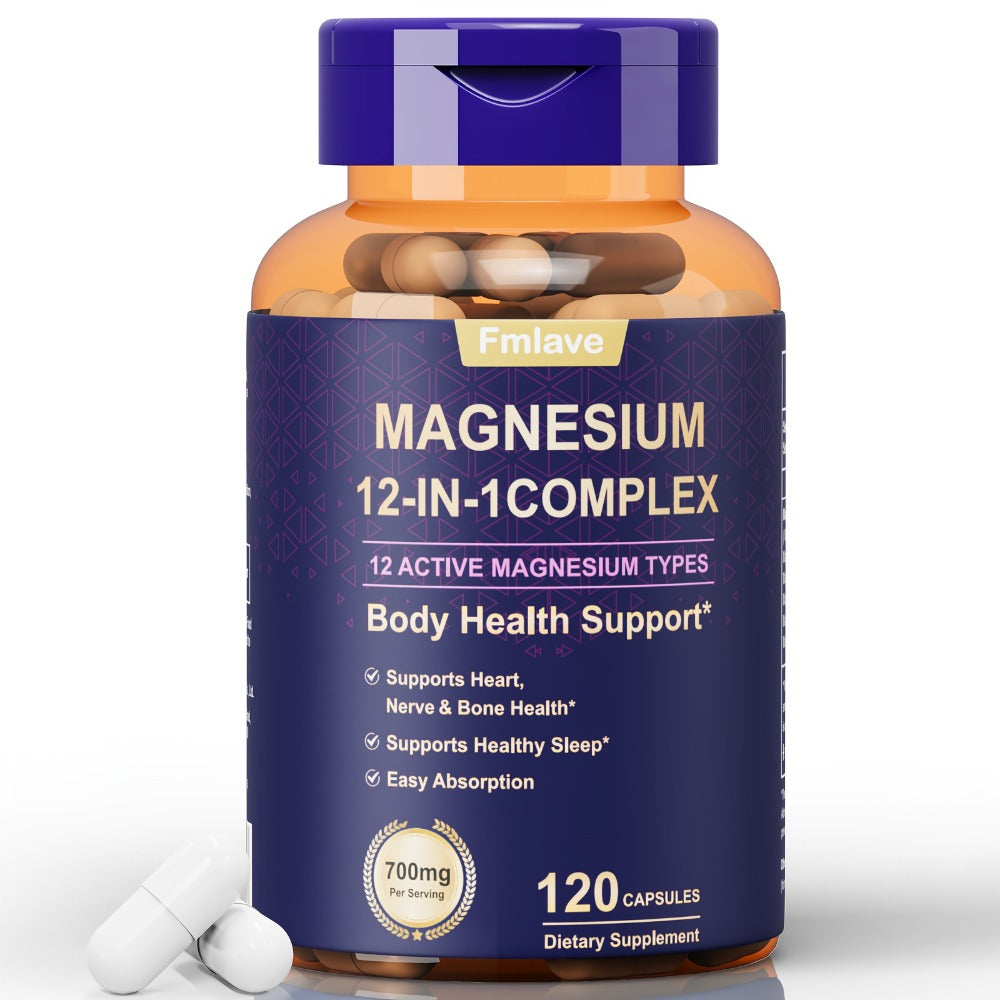 Magnesium Glycinate 700mg 12-in-1 Complex Capsules with Citrate Malate Taurate Carbonate & Oxide — Bone Density Heart Health Deep Sleep Muscle Relaxation & Stress Relief — Gluten-Free 120 Capsules 120-Day Supply