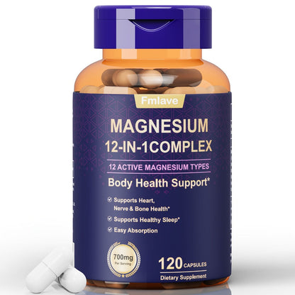 Magnesium Glycinate 700mg 12-in-1 Complex Capsules with Citrate Malate Taurate Carbonate & Oxide — Bone Density Heart Health Deep Sleep Muscle Relaxation & Stress Relief — Gluten-Free 120 Capsules 120-Day Supply