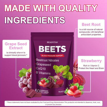 Beet Root Gummies for Blood Pressure & Heart Health with CoQ10 Vitamin B12 B6 Grapeseed Extract — Chewable SuperBeets Blood Flow Booster Nitric Oxide Supplement for Men Women 1 2 3 Pack