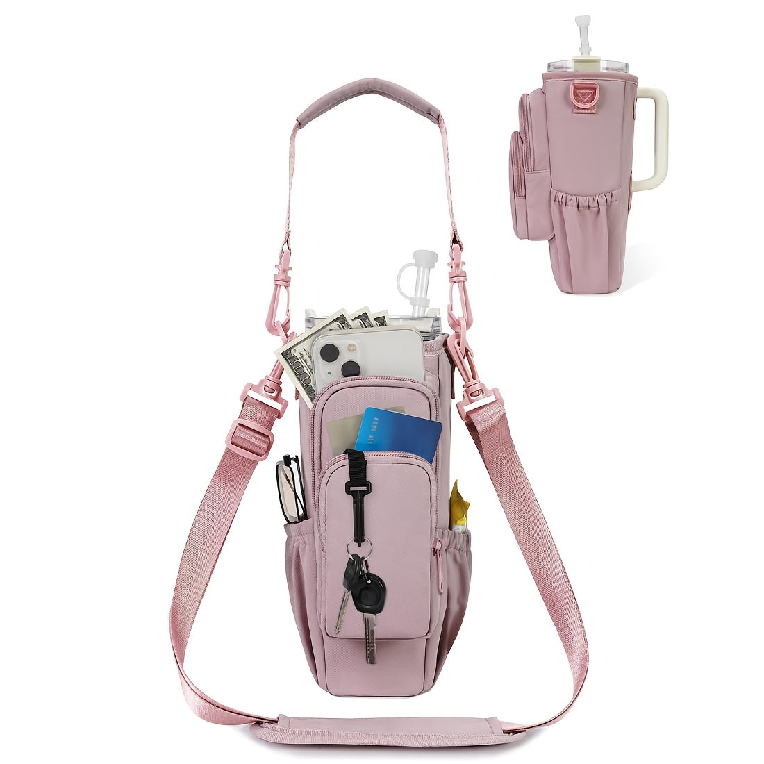 40oz Insulated Water Bottle Carrier Sling Bag with Straw Lid – Hands-Free Dog Walking Bag with Phone Pocket, Zippered Compartments & Adjustable Strap for Gym, Travel & Outdoor Activities, Hot/Cold Beverage Holder for Men & Women