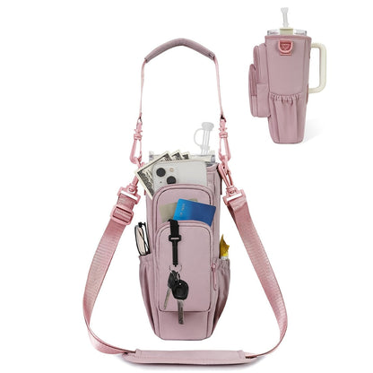 40oz Insulated Water Bottle Carrier Sling Bag with Straw Lid – Hands-Free Dog Walking Bag with Phone Pocket, Zippered Compartments & Adjustable Strap for Gym, Travel & Outdoor Activities, Hot/Cold Beverage Holder for Men & Women