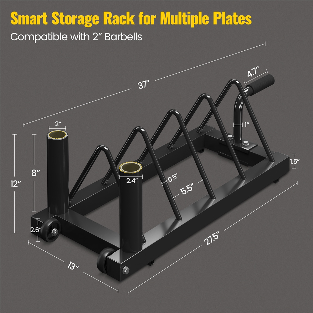 Barbell & Weight Plate Storage Rack with Wheels & Handle – 300 lb Capacity, 2 Barbell Holders, 4 Plate Slots, Powder Coated Steel for Home Gym & Garage Organization