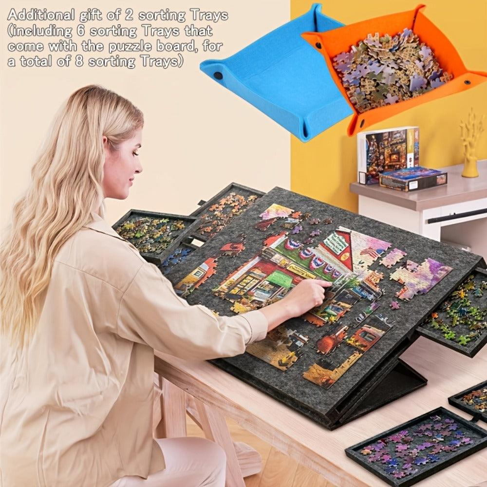 Felt Jigsaw Puzzle Board with 6 Storage Drawers – Portable Puzzle Table Adjustable Tilt Stand, 2-in-1 Protective Cover, Non-Slip Surface & Carry Handle, Gift for Puzzle Lovers Adults Seniors