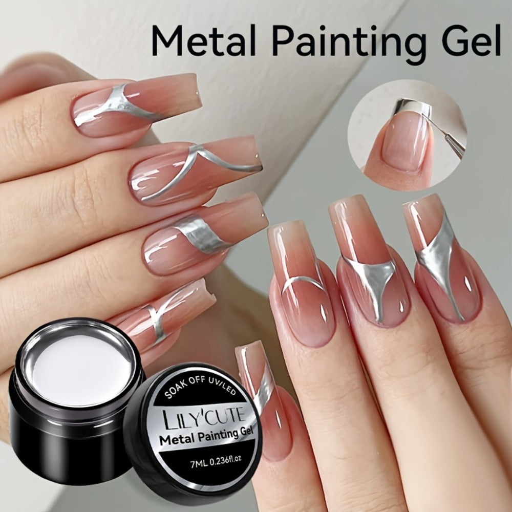 Mirror Metallic Nail Art Painting Gel with Built-In Brush 0.24oz — Metal Effect UV LED Soak Off Silver Chrome Line Drawing Flower Geometric DIY Home Salon Manicure Women Nail Artists