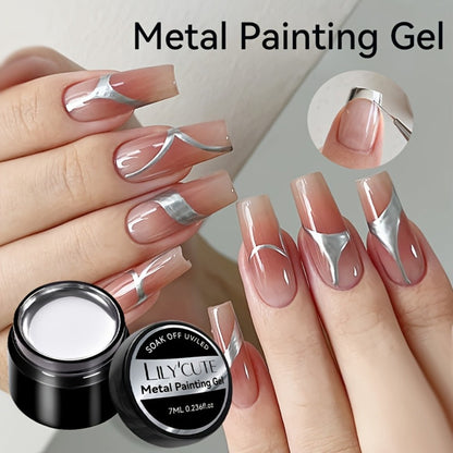Mirror Metallic Nail Art Painting Gel with Built-In Brush 0.24oz — Metal Effect UV LED Soak Off Silver Chrome Line Drawing Flower Geometric DIY Home Salon Manicure Women Nail Artists