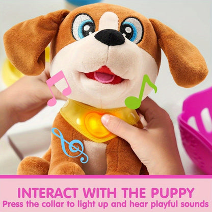 Interactive Plush Dog Toy for Toddlers with Carrier Set Music Lights Sounds Soft Breathing Glow Puppy Pet Toy with Accessories Birthday Gift for Girls 18 Months 2 3 Year Old