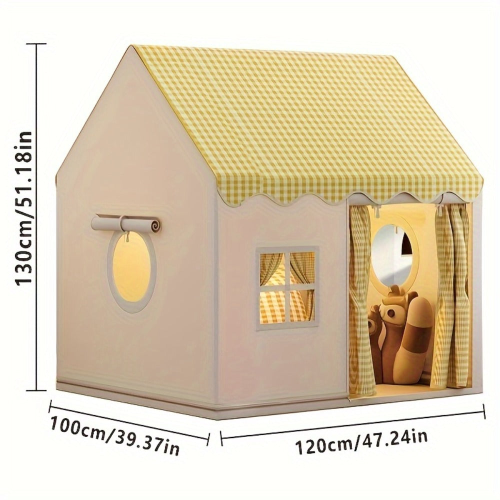 Kids Cabin Style Checked Play Tent – Indoor & Outdoor Polyester Playhouse Tent for Home Decor & Family Fun | Pink, Khaki, Yellow | Holiday Gift & Party Decoration