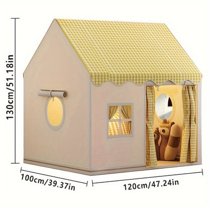 Kids Cabin Style Checked Play Tent – Indoor & Outdoor Polyester Playhouse Tent for Home Decor & Family Fun | Pink, Khaki, Yellow | Holiday Gift & Party Decoration