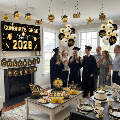 Class of 2026 Graduation Party Decorations – Complete Set with Backdrop Banner Hanging Swirls Balloons & Honeycomb Supplies, 6 Color Options Purple Maroon Blue Red Green Gold