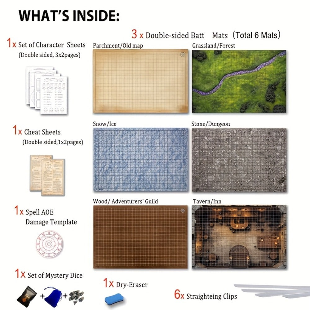 DnD Beginner Set 6 Double-Sided Terrain Maps 24x36 with Mystery Dice, Character Sheets, Cheat Sheets, Spell AOE Template – Complete Dungeons and Dragons RPG Starter Kit for New Players