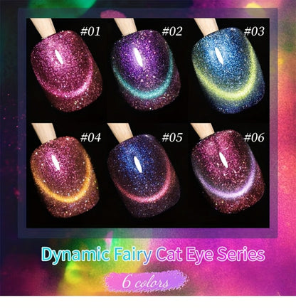 Cat Eye Gel Polish Set 6 Colors Holographic Magnetic — Dynamic Elf Reflective Soak Off UV LED Nail Gel 0.51oz Each | Multidimensional Light-Shifting Sparkle for Salon & Home Nail Art | Long-Lasting Chip-Resistant