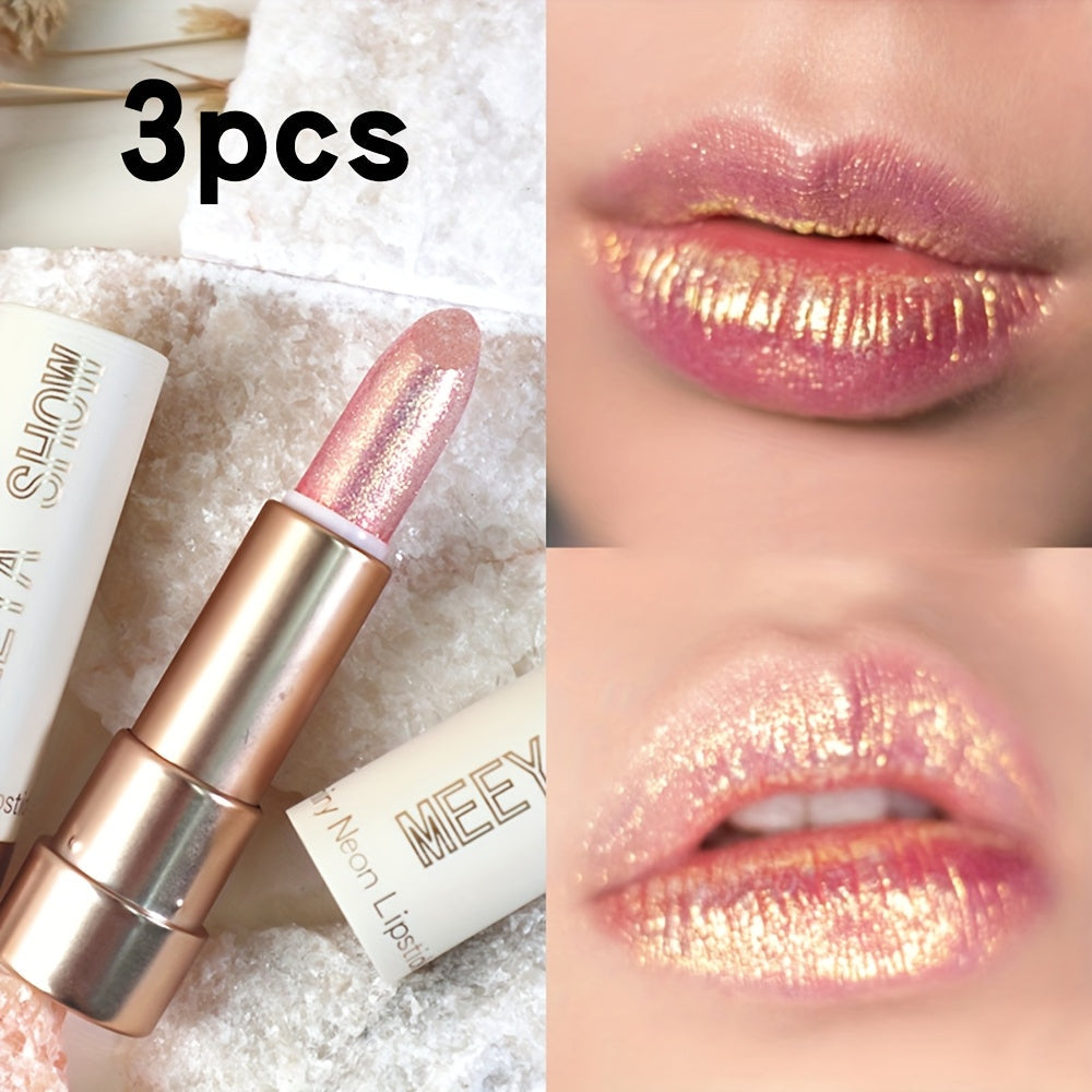Glitter Shimmer Lipstick Set 3Pcs Pearlescent Pinkish Golden Creamy Glossy Sparkle Lip Gloss Lip Makeup for Party Stage Cosplay Festival Valentine's Day Gift for Women