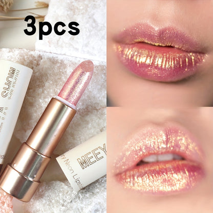 Glitter Shimmer Lipstick Set 3Pcs Pearlescent Pinkish Golden Creamy Glossy Sparkle Lip Gloss Lip Makeup for Party Stage Cosplay Festival Valentine's Day Gift for Women