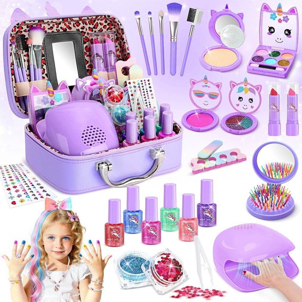 Kids Makeup Set for Girls – 2-in-1 Princess Makeup & Nail Art Kit, Washable Non-Toxic Pretend Play Cosmetics with Nail Polish, Eyeshadow, Lipstick & Accessories, Birthday Gift for Girls Ages 3+