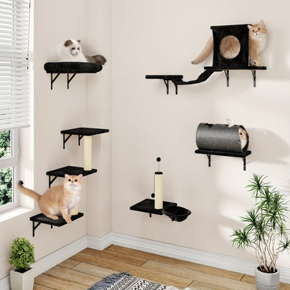 Cat Wall Shelf Climbing Set – 7-Piece Deluxe Wall Mounted Cat Furniture with Condo, Scratching Post, Bridge, Ladder & Tunnel for All Cat Sizes