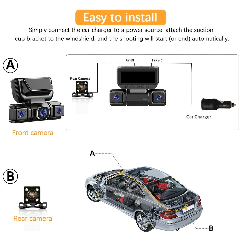 360° 3/4 Lens Dash Cam USA, 4 Channel Front/Rear/Left/Right Recording, Night Vision, 3.16" IPS Screen with Wifi, G-Sensor, Parking Mode, 32GB Card Optional/No Card