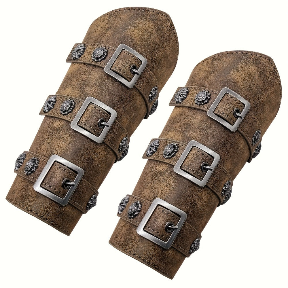Viking Medieval Leather Arm Guards Bracers – PU Leather Knight Gauntlets Adjustable Metal Buckles Rivets for Men Women Halloween Cosplay LARP Renaissance Fair Stage Costume Dark Brown Khaki Black