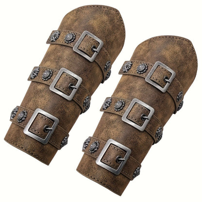 Viking Medieval Leather Arm Guards Bracers – PU Leather Knight Gauntlets Adjustable Metal Buckles Rivets for Men Women Halloween Cosplay LARP Renaissance Fair Stage Costume Dark Brown Khaki Black
