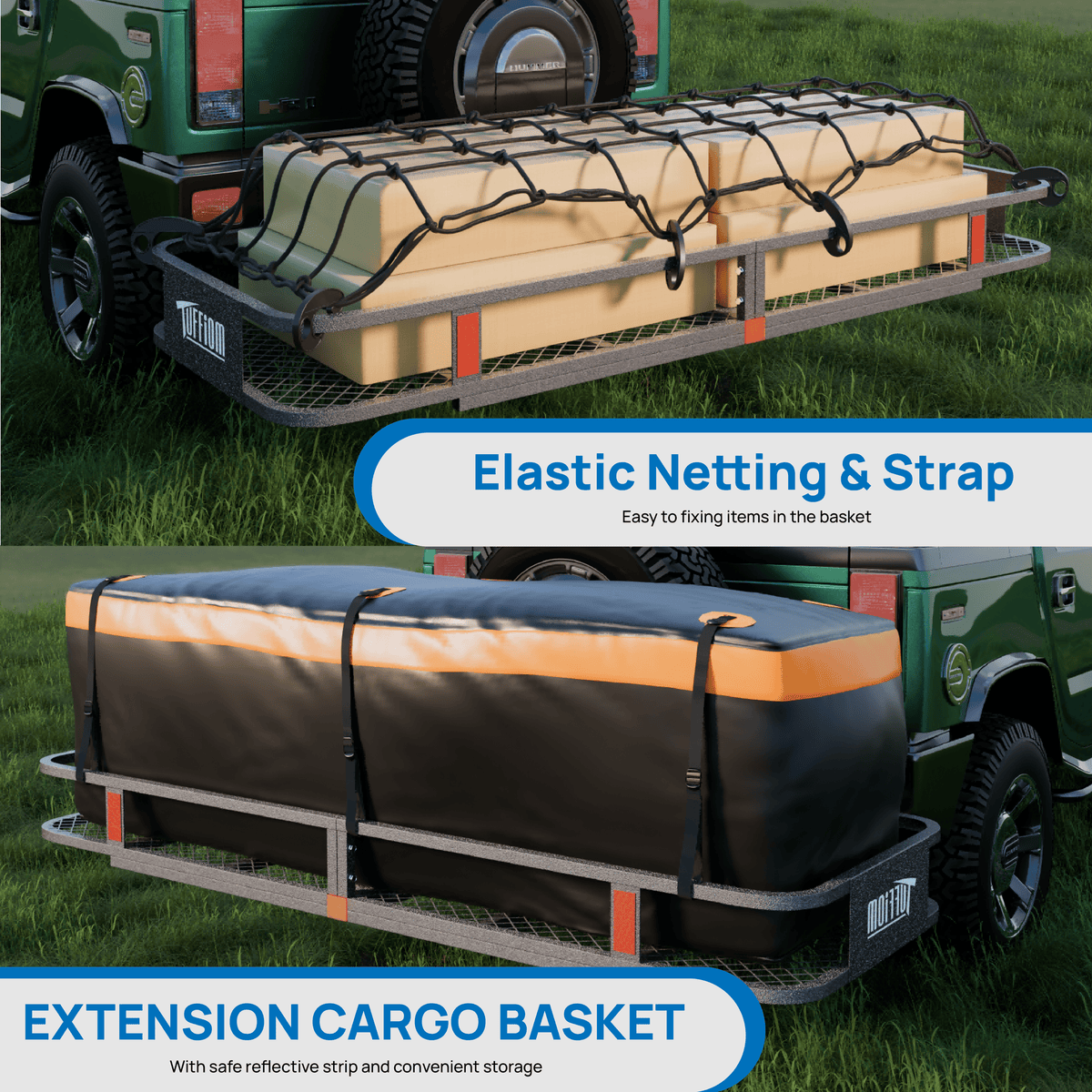 60" L x 20/24" W x 6" H Hitch Mount Cargo Carrier Folding Rack, 500lbs Heavy Duty Trailer Steel Luggage Basket with Waterproof Cargo Bag, Straps, Net & Stabilizer for Camping Travel