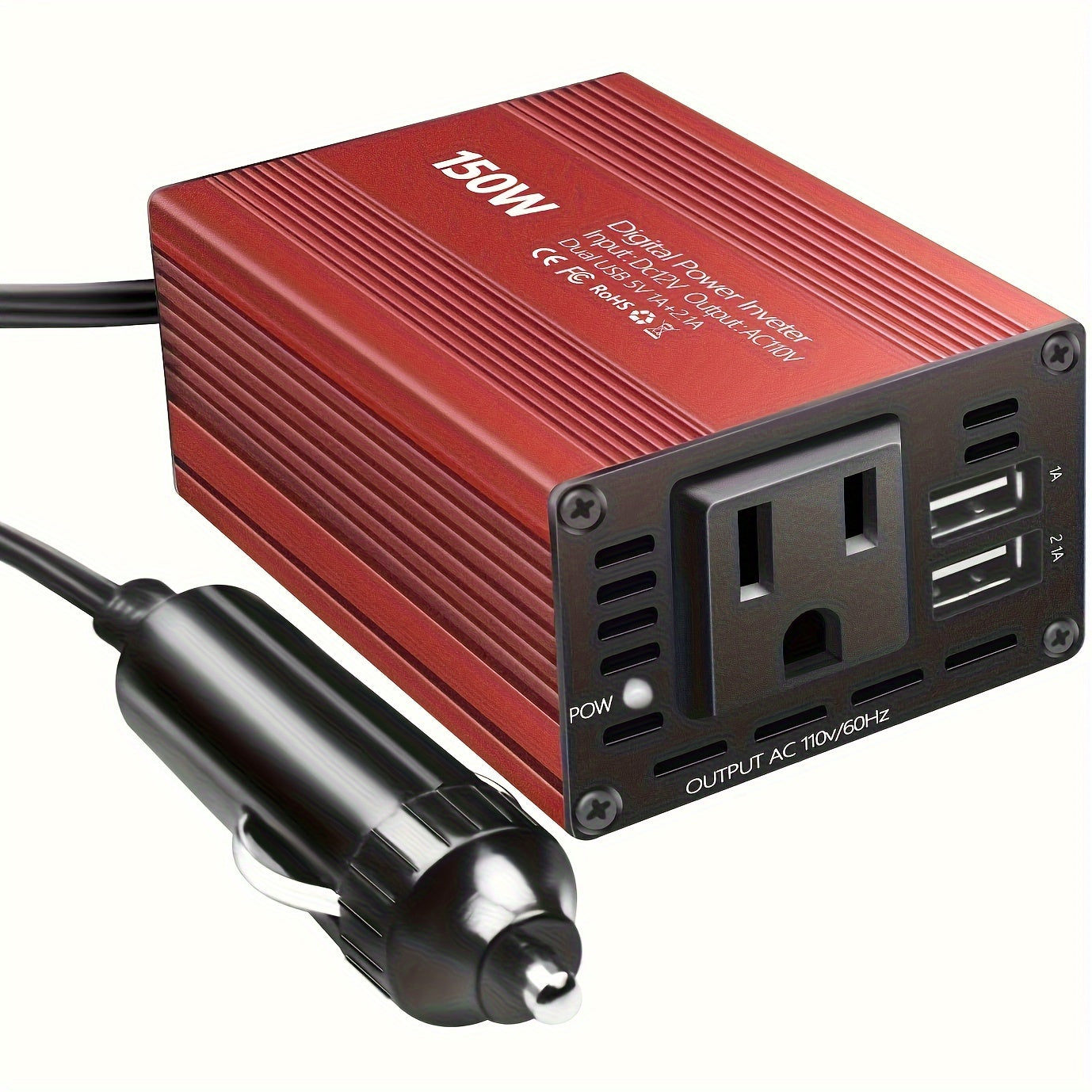 150W Car Power Inverter 12V DC to 110V AC Converter Vehicle Adapter Plug Outlet with 3.1A Dual USB Car Charger for Laptop Computer