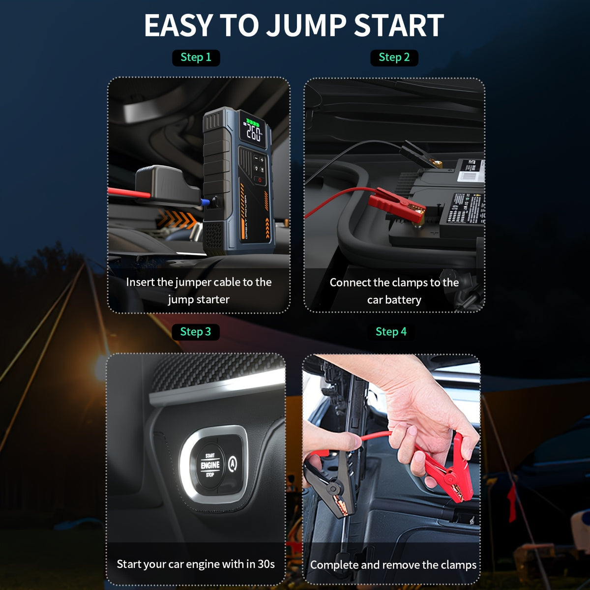 4000A Peak Car Jump Starter with Air Compressor, All-in-One Portable Battery Jump Starter & Tire Inflator, Suitable for 2.38 Gal Gas/ 1.98 Gal Diesel Engines, Car Battery Charger with LED Light & USB Power Bank Function, Car Jump Starter