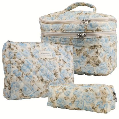 Makeup Bag Set 3 PCS Quilted Cotton Dual Layer Large Capacity Floral Coquette Aesthetic Travel Cosmetic Bag Women Toiletry Organizer Cute Soft Fabric Pouch Blue Pink Purple 6 Styles