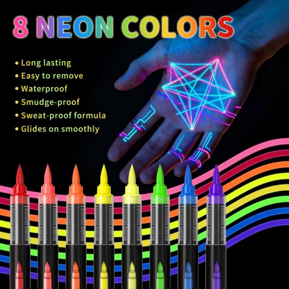 Face Body Paint Pen Set 8 Colors with 105 Tattoo Stencils – Glow in the Dark Neon UV Blacklight Face Paint Kit Easy Apply & Remove for Halloween Party Festival Cosplay Stage