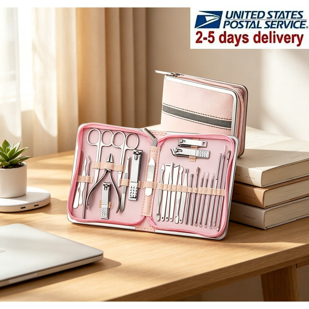 Manicure Pedicure Set 26pcs Pink Stainless Steel – Precision Nail Clippers Cuticle Nipper & Dead Skin Scissors 45° Blade Professional Grooming Kit for Women & Men, Elegant Gift Set Birthday Holiday