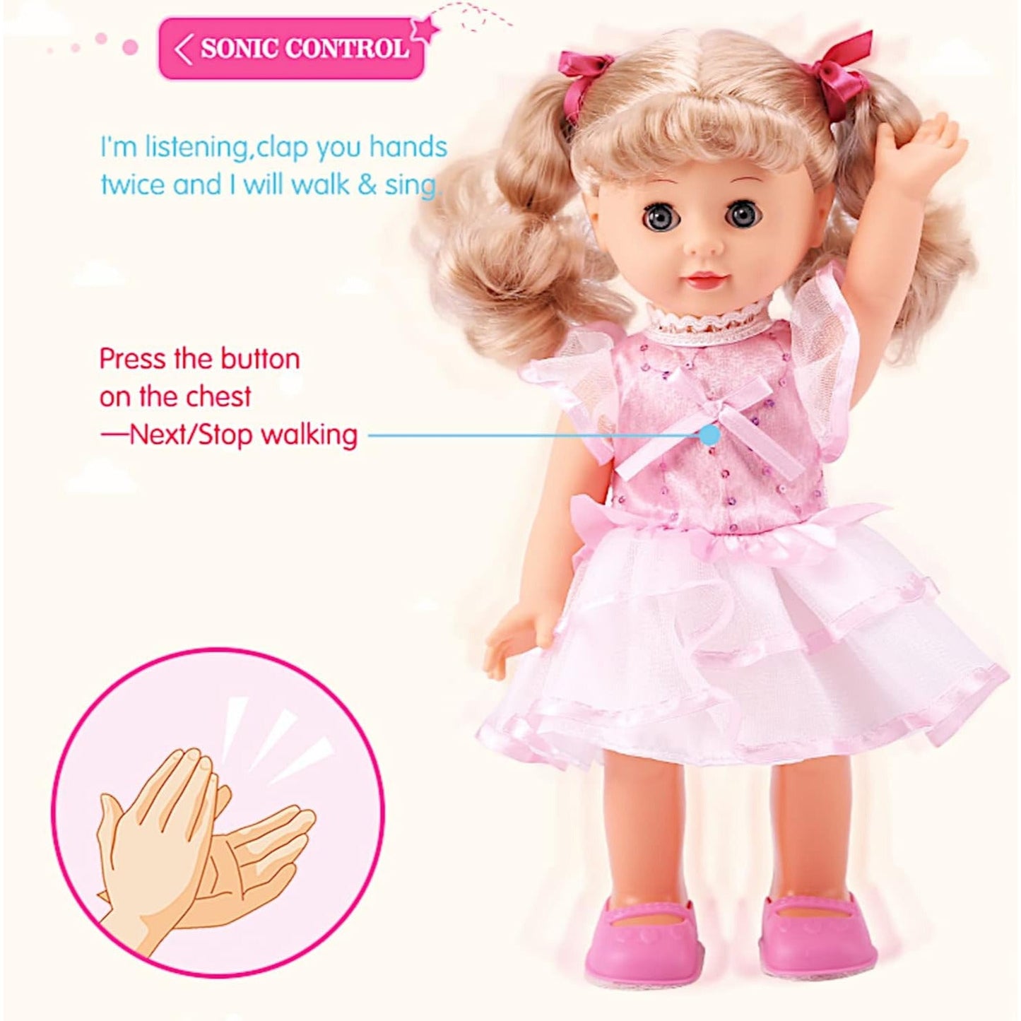 Walking Talking Doll Sonic Control 12 Inch Blonde Princess – Clap Activated Sings Walks Talks, Blinking Blue Eyes, Interactive Electronic Baby Doll, Birthday Christmas Gift for Girls Ages 3-7
