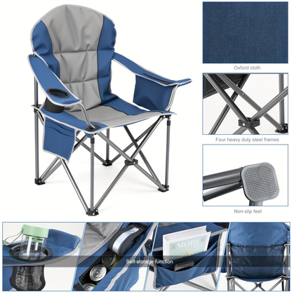 Heavy Duty Folding Camping Chair 600 Lbs Capacity – Padded Seat, Insulated Cooler Bag, Organizer Pockets & 2 Cup Holders for Camping, Beach, Fishing & Outdoor Events
