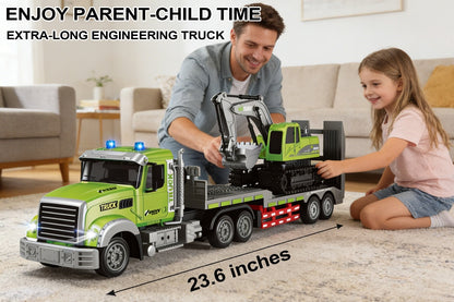 RC Semi Truck with Flatbed Trailer & Alloy Excavator Set 1:12 Scale | 11-Channel Dual Control, Sound & Lights | Construction Engineering Toy for Kids Boys