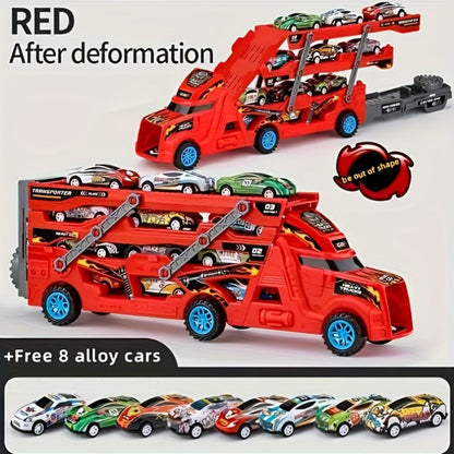 Transforming Launcher Truck Playset with 8 Alloy Cars – Foldable Storage Transporter Toy | Car Carrier Truck with Launch Ramp, Durable ABS Construction, Birthday Gift for Boys Ages 3 4 5 6