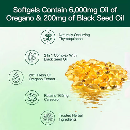 Wild Oregano Oil Softgels 6000mg with Black Seed Oil Carvacrol & Thymol for Immune Support Antifungal Antimicrobial Defense Gut Health & Respiratory Support — Dairy-Free Gluten-Free 120 Capsules Women & Men