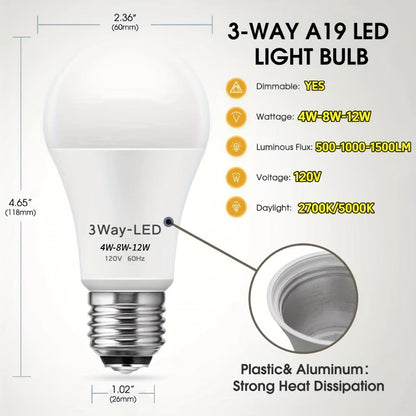 3-Way LED Light Bulb A19 40 60 100W Equivalent 1500 Lumens E26 Base – Soft White 2700K & Daylight 5000K Three-Way Bulb for Bedroom Living Room Study Room Table Lamp, 2 & 4 Pack