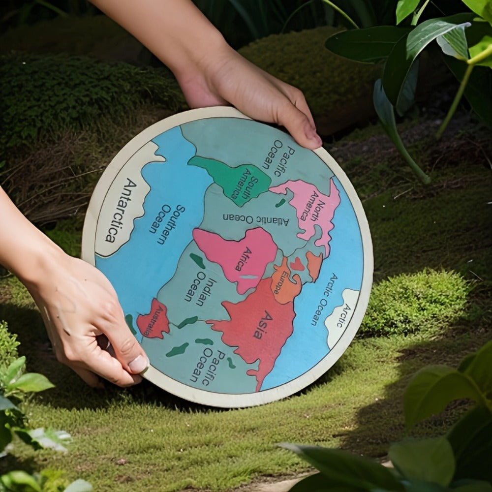 Wooden World Map Puzzle for Kids – Seven Continents Geography Learning Toy, Colorful STEM Educational Puzzle, Montessori Gift for Boys & Girls Ages 3+, 7.8"x7.8"