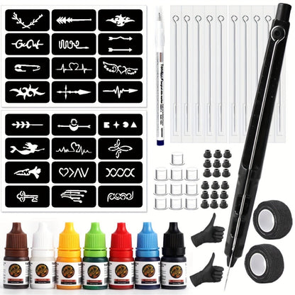 Stick and Poke Tattoo Kit - DIY Manual Tattoo Pen Hand Tool Set with 7 Color Inks, Needles, Bandage & 2 Hollow Stencil Templates for Tattoo Artists & Beginners Home Use