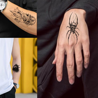GLARYYEARS Realistic Temporary Tattoos for Men Women 48pcs Skull Snake Black Dark Art Body Arm Designs Waterproof Long Lasting Non-Toxic 12 Large 36 Small Sheets