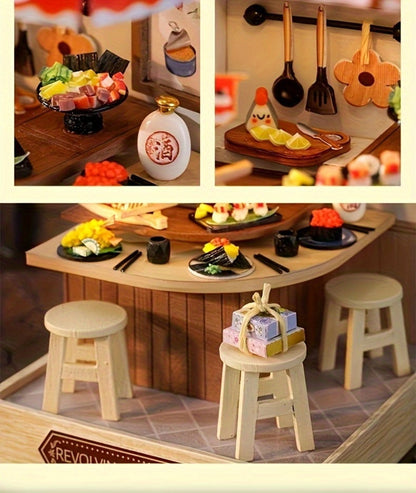 DIY Wooden Tiny House Kit with Dust Cover – Handmade Miniature Dollhouse Puzzle, 3 Themes Afternoon Tea Rotating Food House Moon Magic, Creative Home Decor Gift for Adults & Teens Birthday Christmas