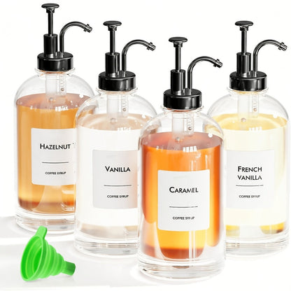 Glass Syrup Dispenser with Pump 4 Pack 16.9oz 500ml Coffee Bar Accessories Set with Silicone Funnel and Labels for Simple Syrup Vanilla Caramel Sauce Condiment Honey Oil Kitchen Bar Decor