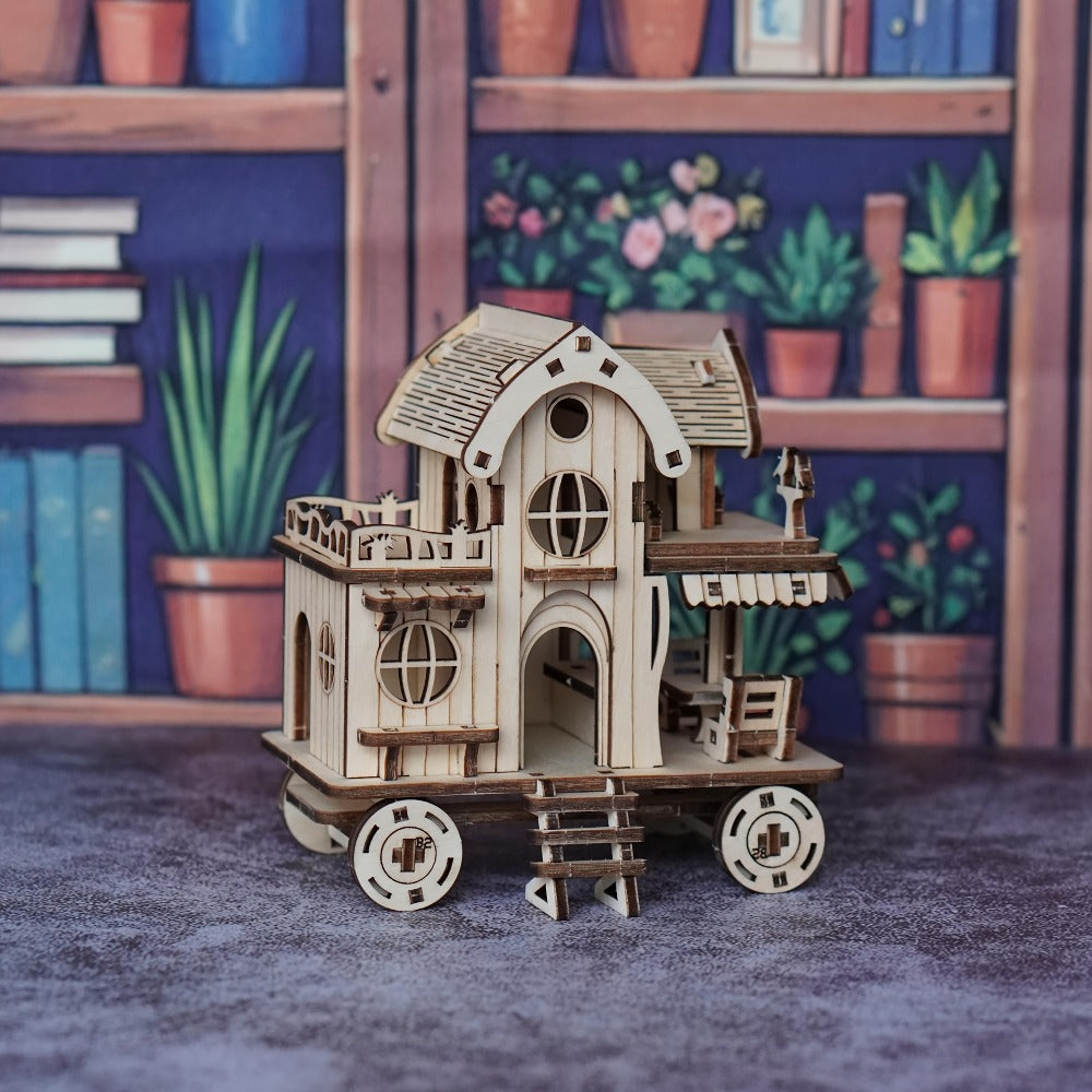 3D Wooden Puzzle Mobile Home on Wheels – DIY Café Bar Model Kit, Handcrafted Miniature House Assembly, Unique Desk Decoration Gift for Adults Teens Birthday Christmas Housewarming