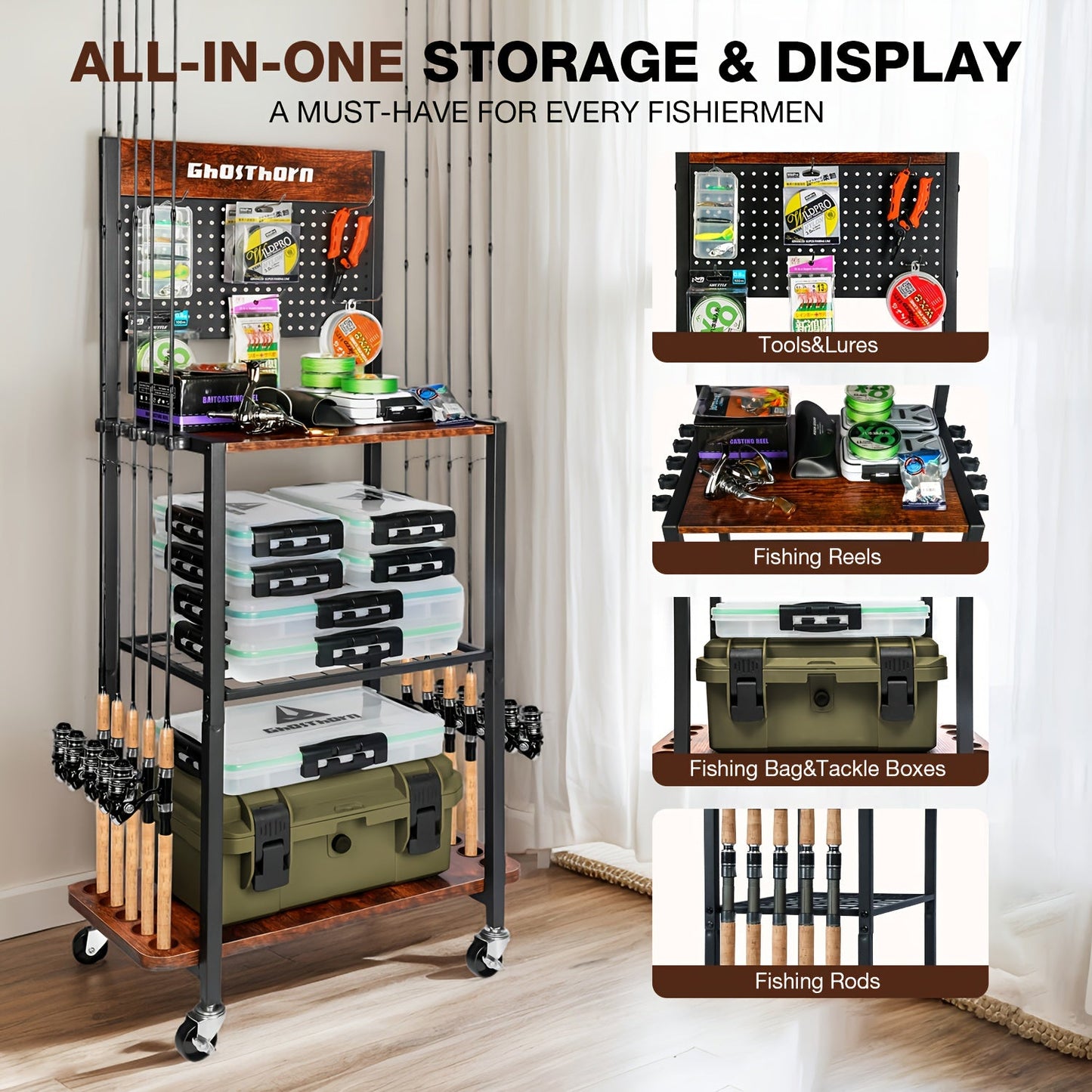 Fishing Rod Holder Rack for Garage Holds Up to 10 Rods Iron Construction with Pegboard Hooks Rolling Wheels Fishing Pole Storage Organizer Fishing Gear Gift for Men and Women