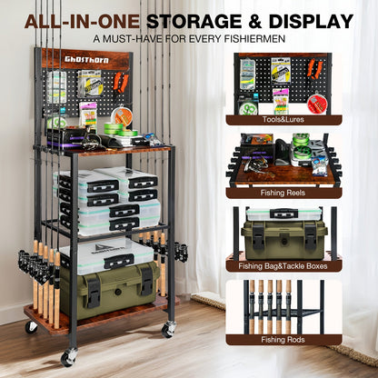 Fishing Rod Holder Rack for Garage Holds Up to 10 Rods Iron Construction with Pegboard Hooks Rolling Wheels Fishing Pole Storage Organizer Fishing Gear Gift for Men and Women
