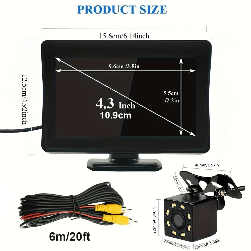 Backup Camera Kit with 4.3 Inch Monitor – 8 LED HD Night Vision Reversing Camera | 1080p Wide Angle | USB Powered | for Car, Truck, SUV & Pickup